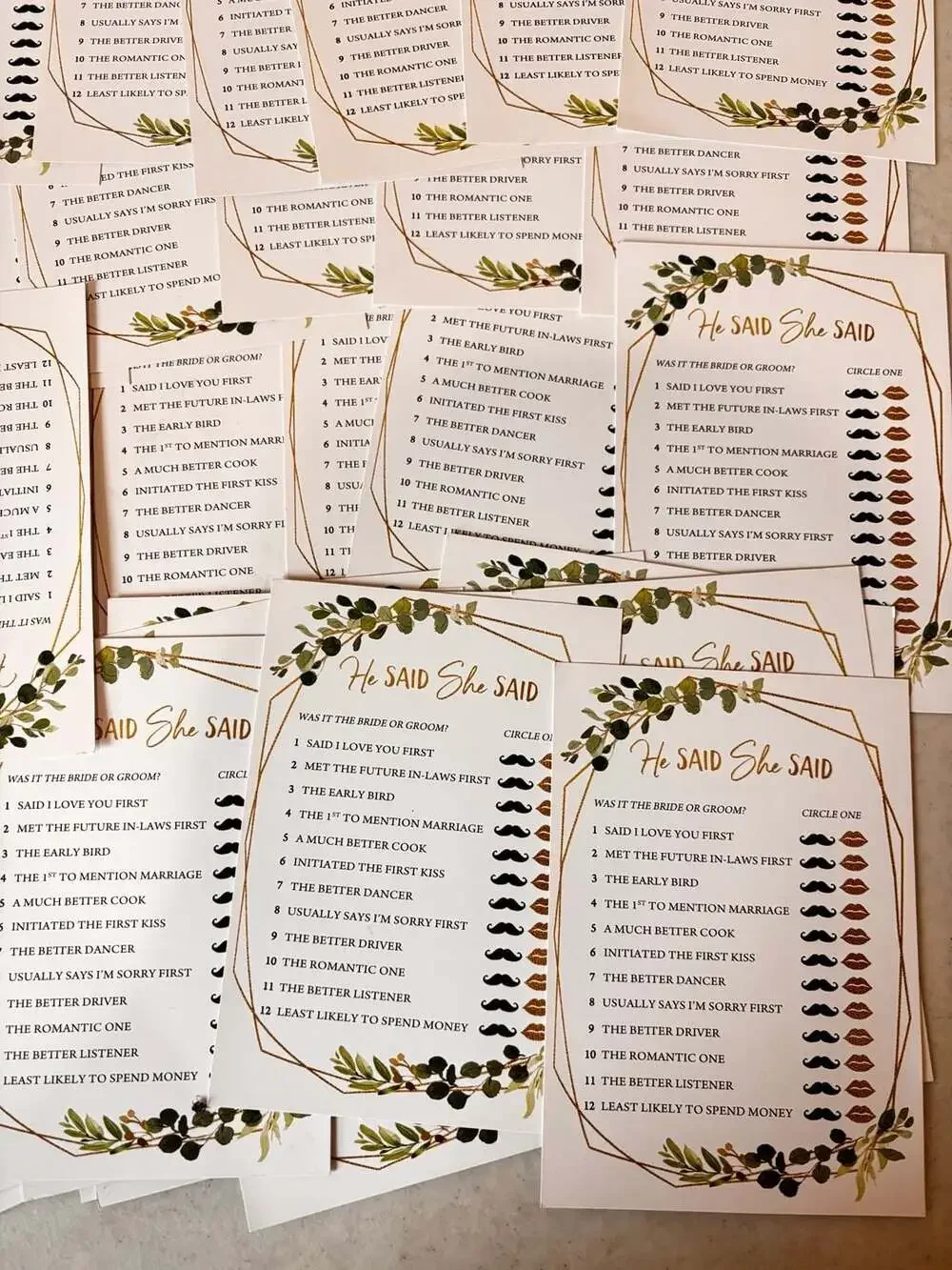 He Said She Said Bridal Shower Game Cards with Greenery and Gold Geometric Desig